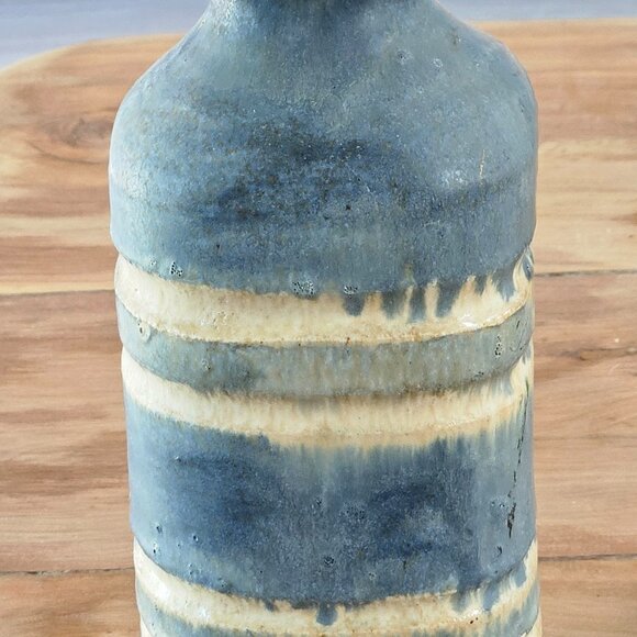 Drip glaze, blue, tan & grey layered Handcrafted studio art pottery vase - Picture 6 of 11